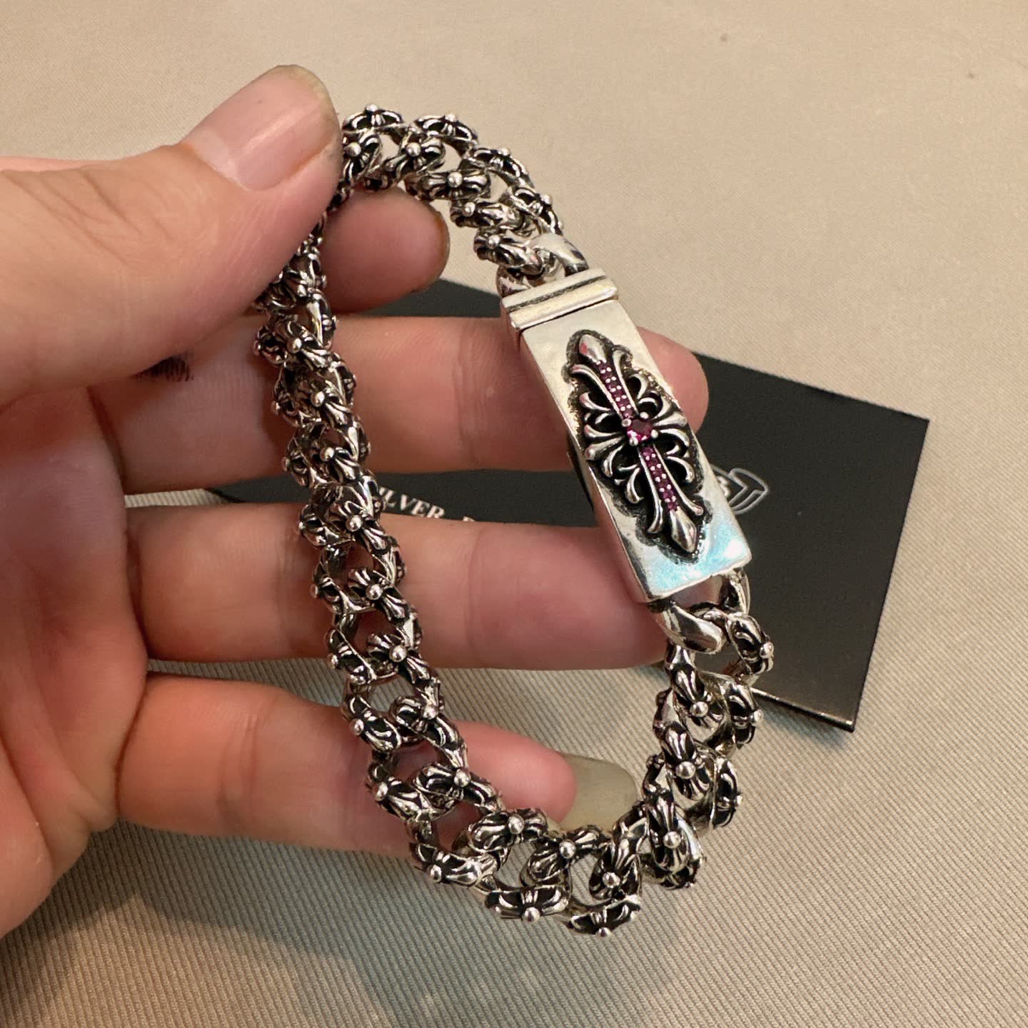 Chrome Hearts Silver Bracelet with Pink Crystal Cross Clasp